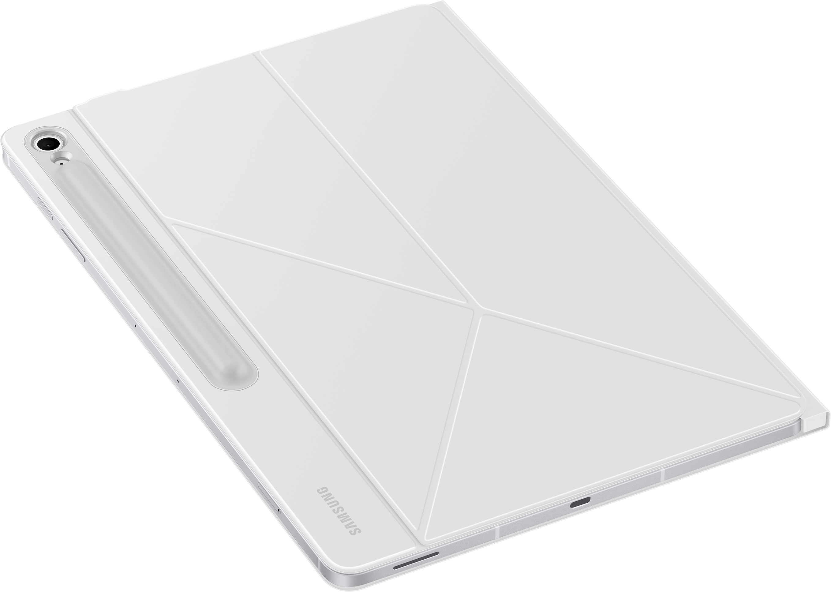 Tablet Samsung bianco con cover bianca abbinata. La cover è piegata.
