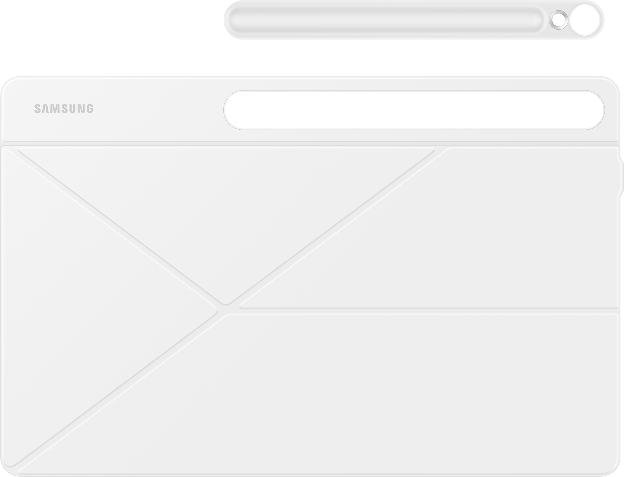 Custodia per tablet bianca, chiusa, con stilo sopra. La custodia è piegata e ha il logo Samsung.