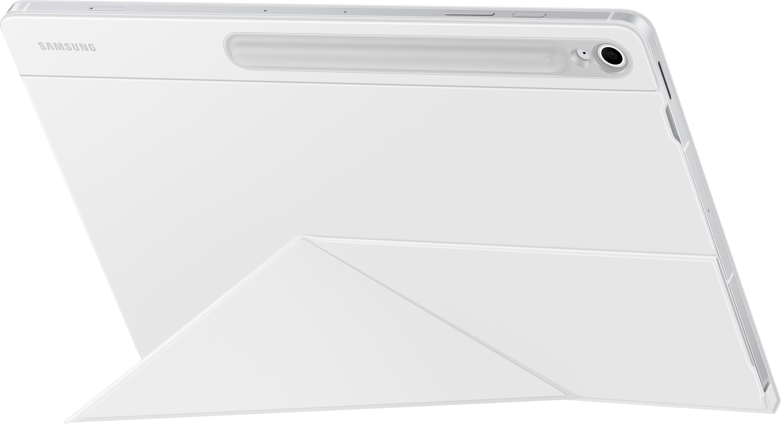 Tablet bianco con supporto pieghevole, vista angolata.