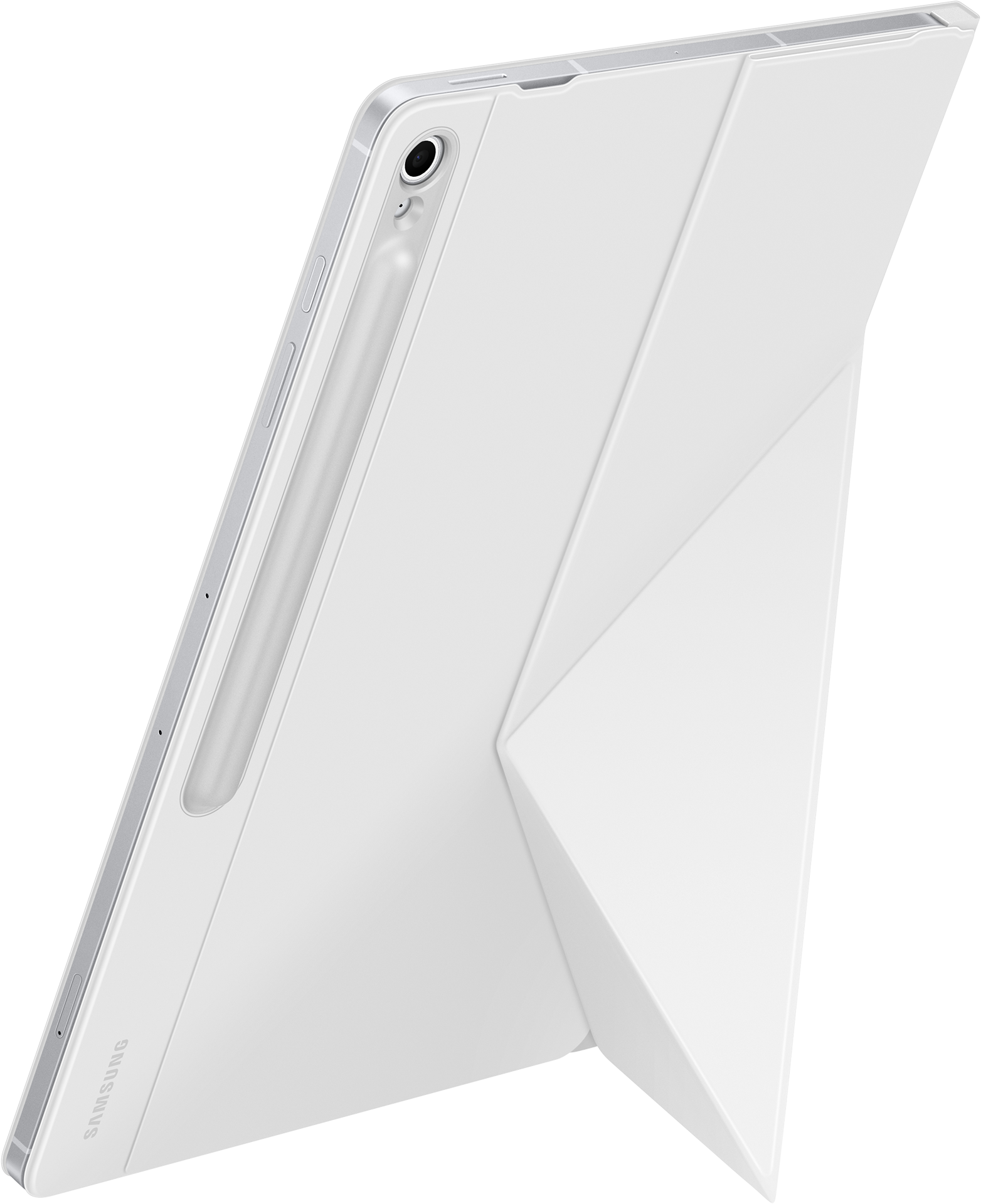 Tablet Samsung bianco con cover bianca piegata a supporto. Penna stilo attaccata.