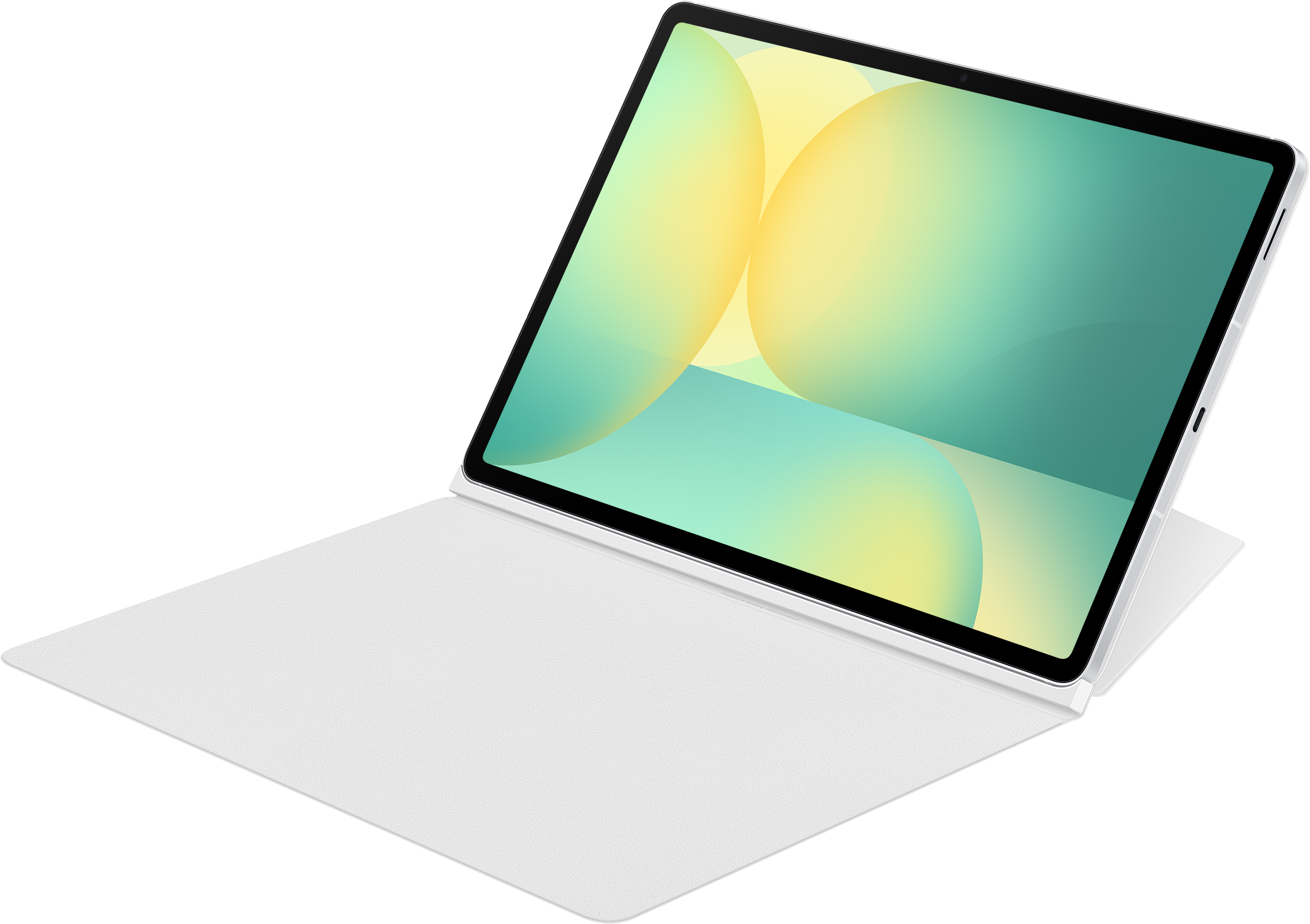 Tablet bianco aperto su superficie bianca, schermo con cerchi gialli e verdi.