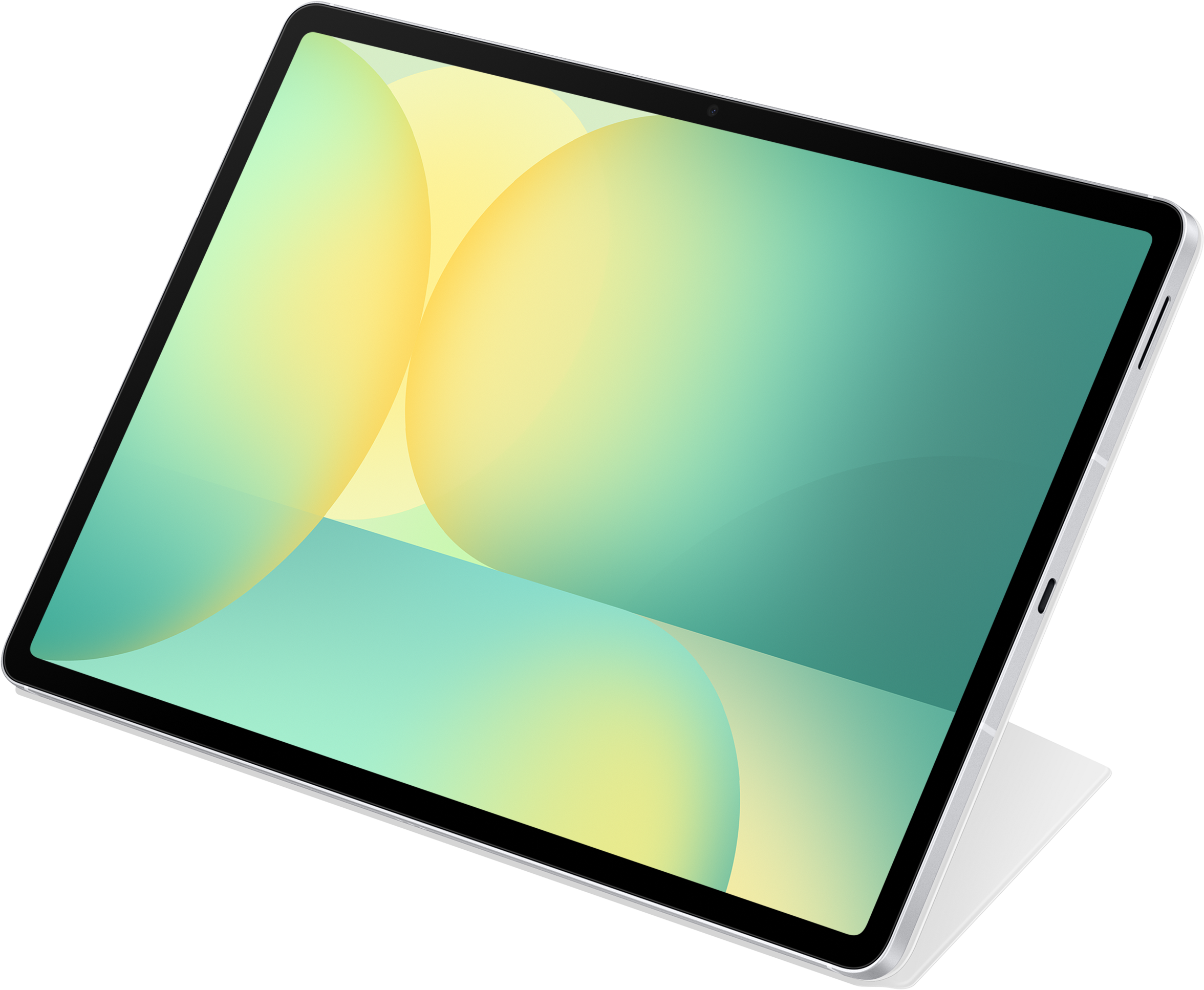 Un tablet su un supporto, che mostra uno sfondo sfumato verde e giallo, su uno sfondo nero.