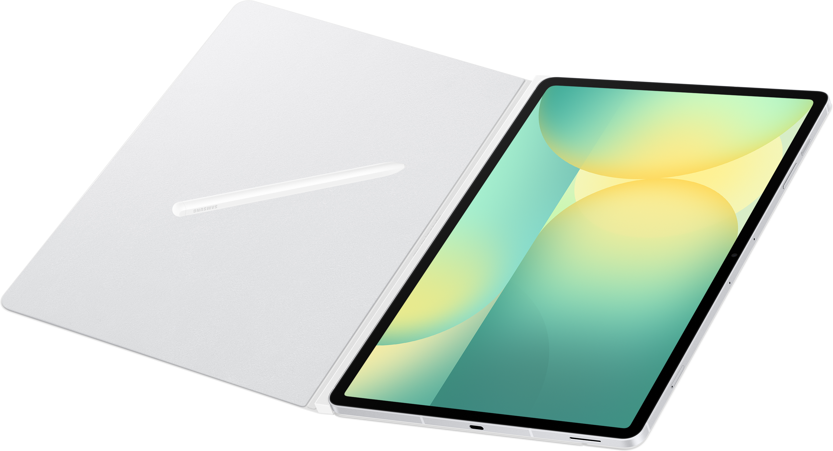 Tablet bianco con stilo, aperto su una superficie con sfondo verde e giallo.