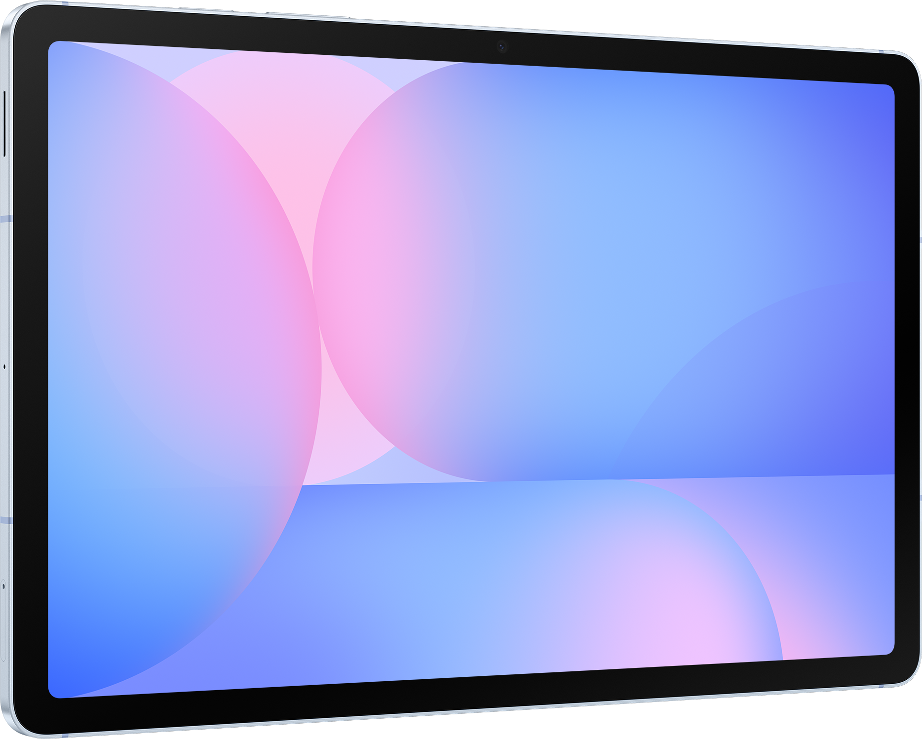 Tablette avec un fond dégradé. Couleurs bleu et rose. Vue en angle.