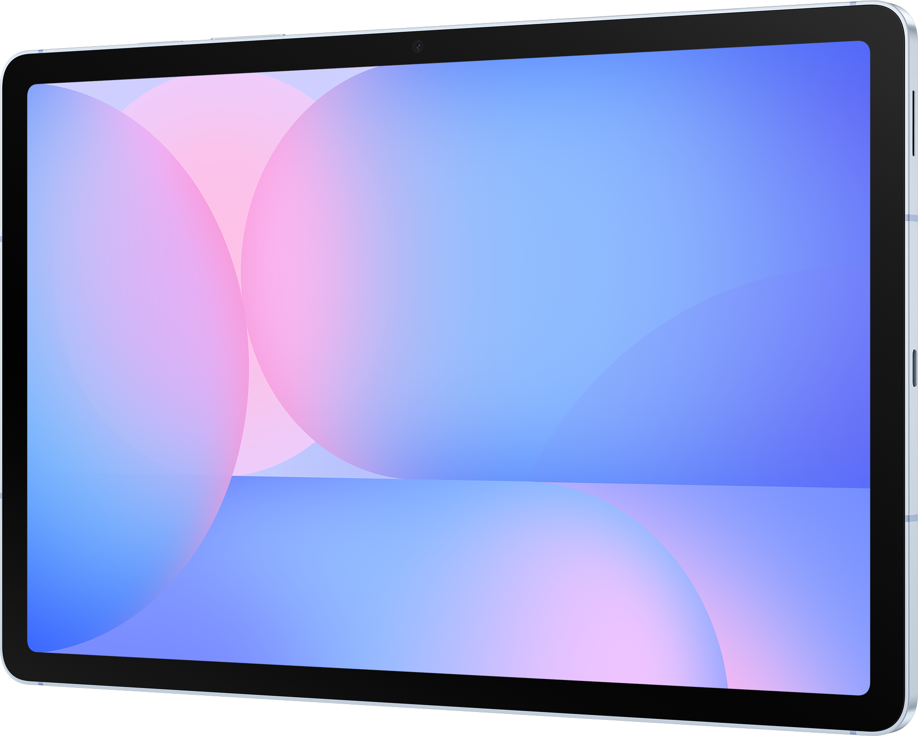Tablette avec un écran affichant des formes abstraites bleues et roses, avec un cadre gris.