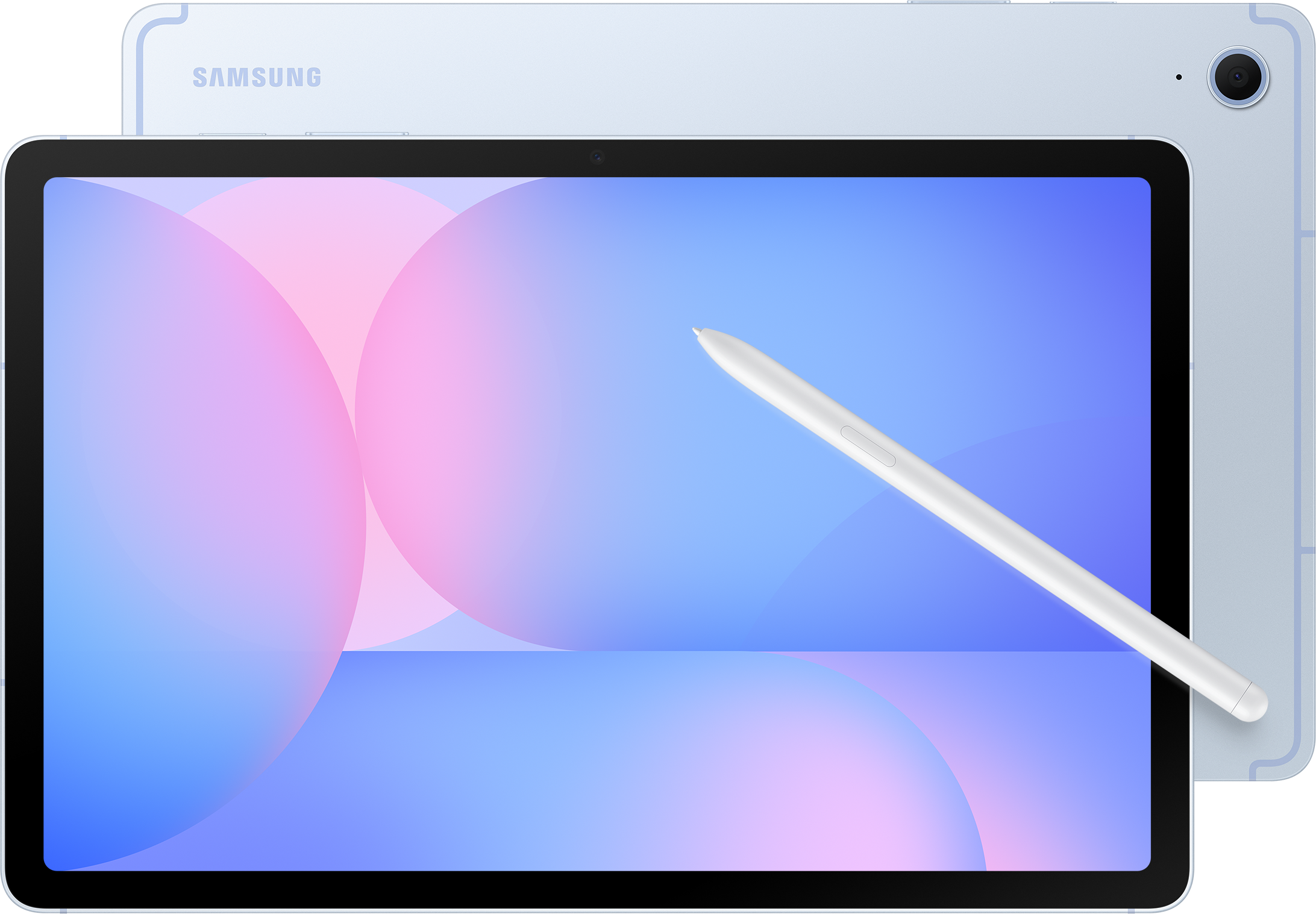 Une tablette avec un stylo. L'écran affiche un dégradé bleu et rose. La tablette est bleu clair.