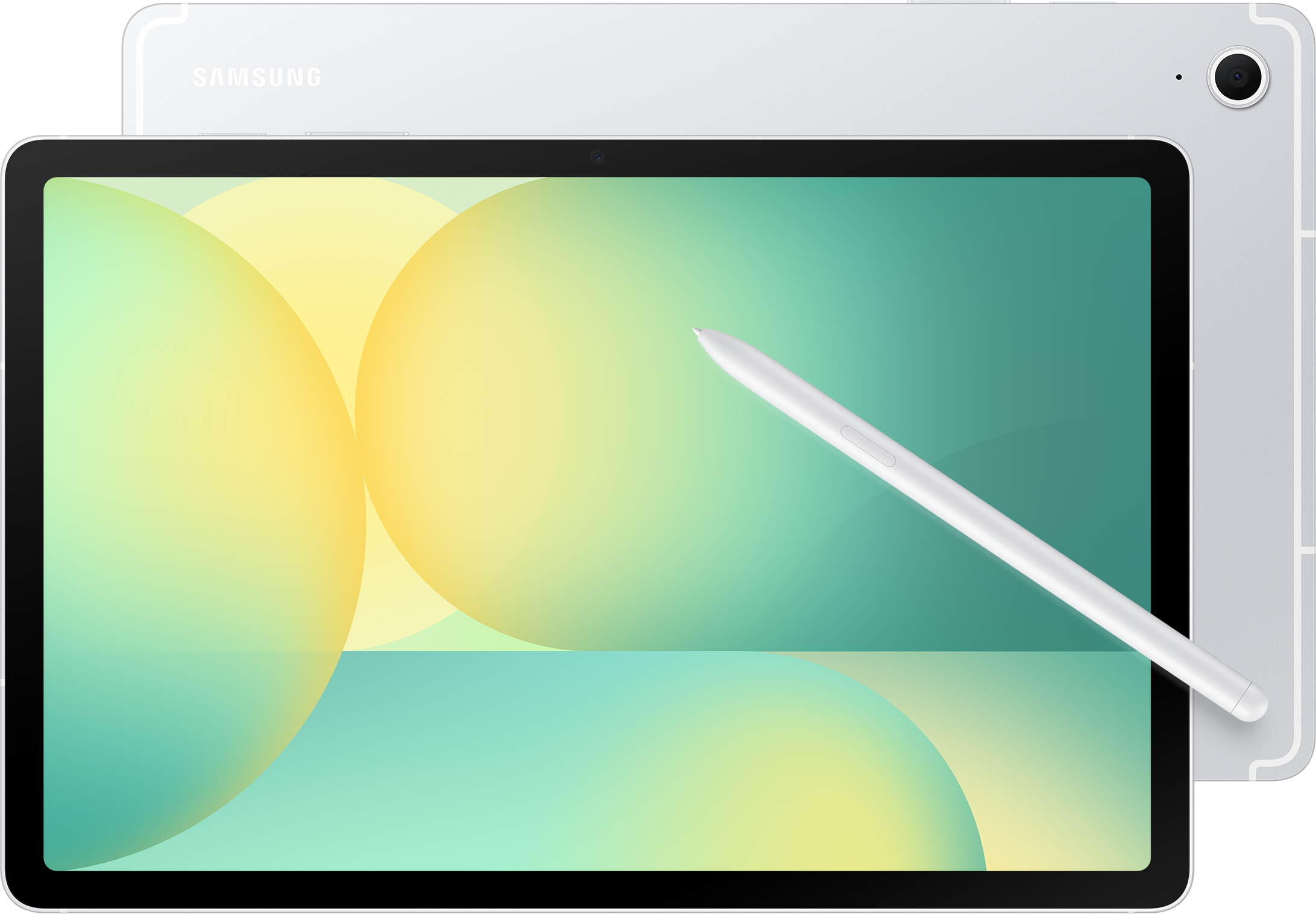 Tablet und Stift auf weißem Hintergrund, mit farbenfrohem Bildschirm.