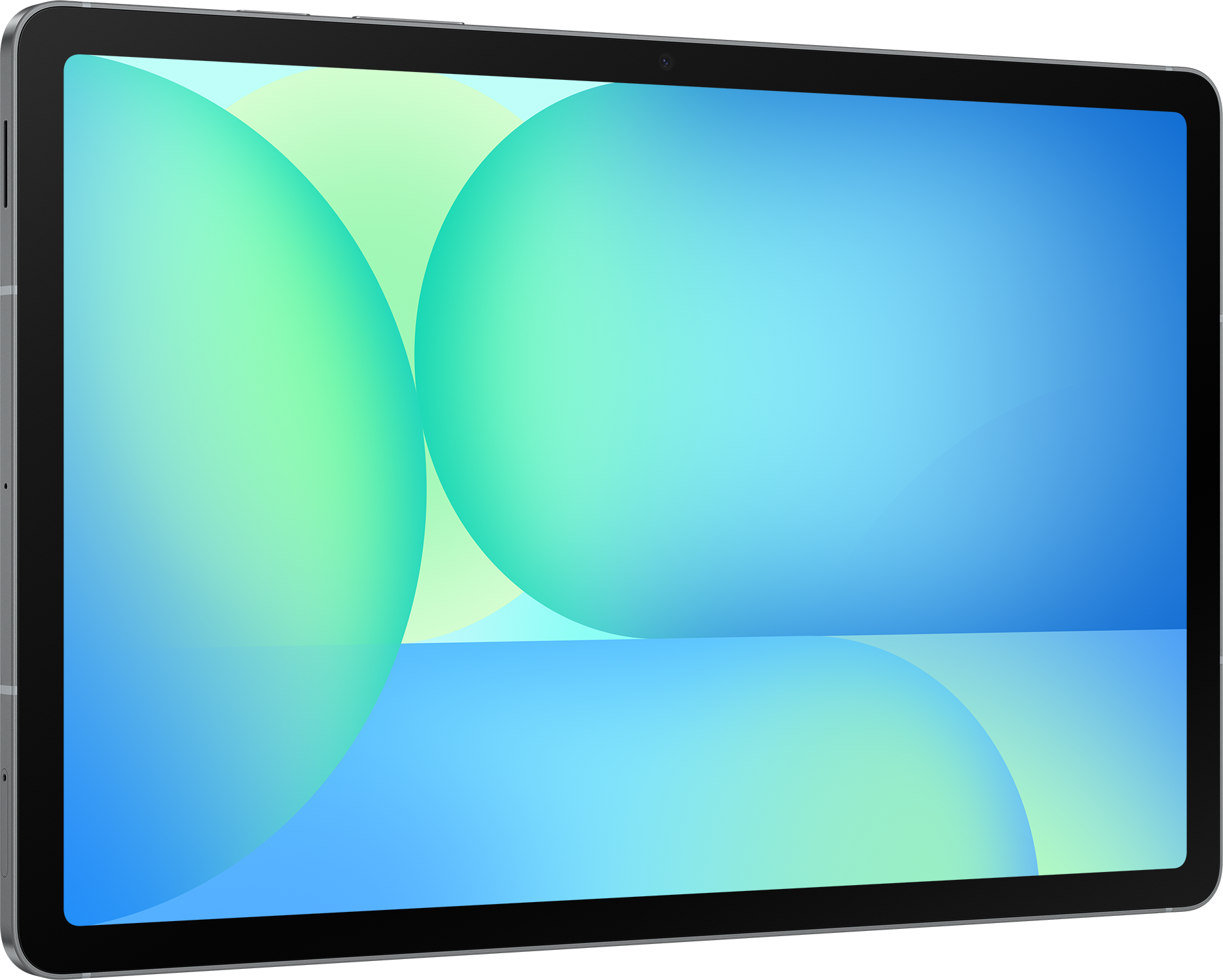 Une tablette avec un cadre gris et un écran affichant des cercles bleus et verts.