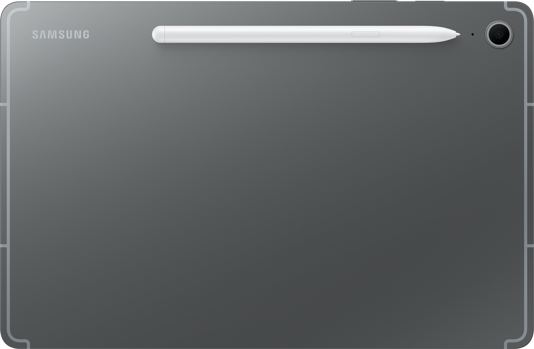 Une tablette grise avec un stylet blanc. L'objectif de l'appareil photo est visible. Le logo Samsung est en haut.