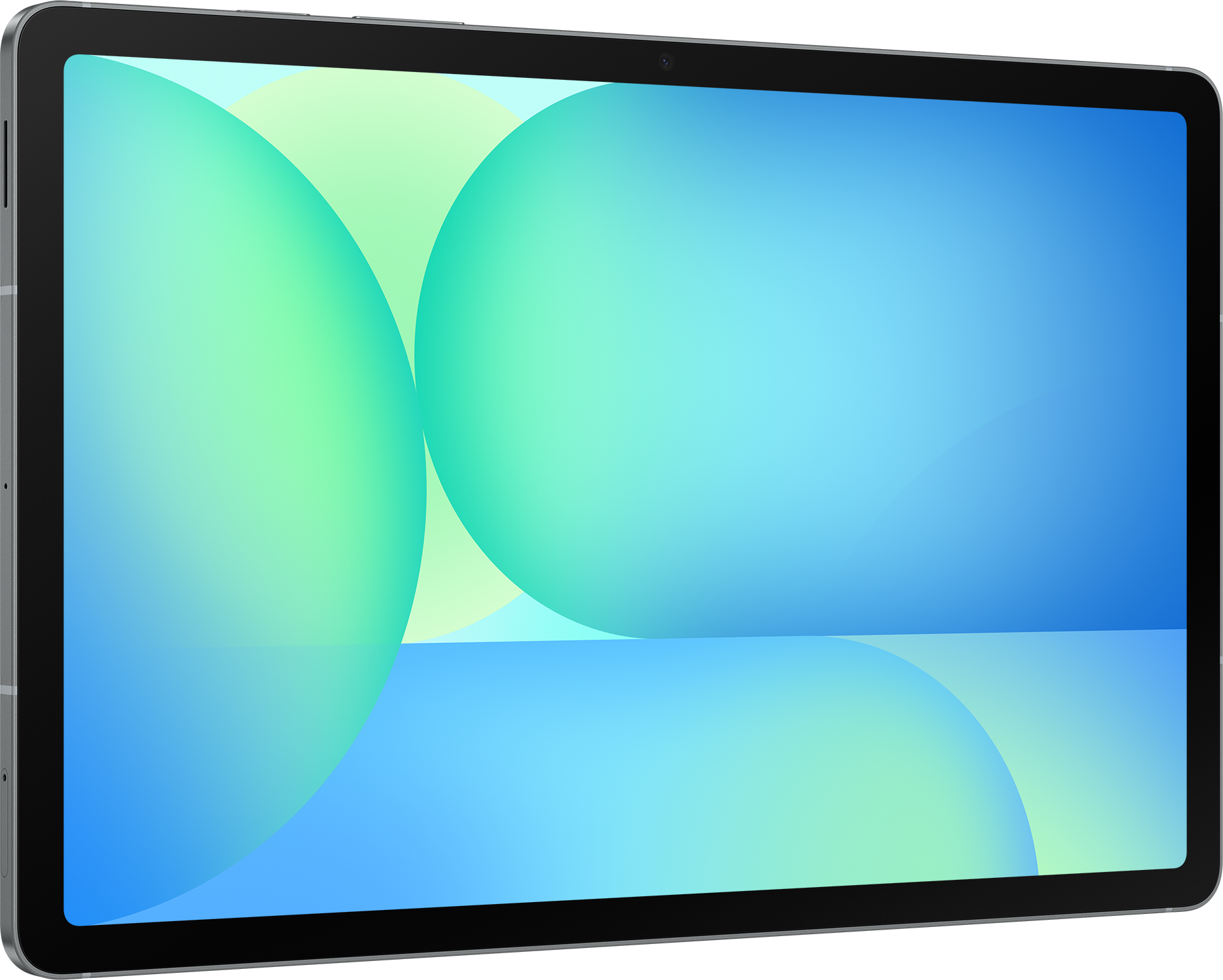 Tablette avec un écran montrant des cercles verts et bleus. La tablette est sur un fond noir.