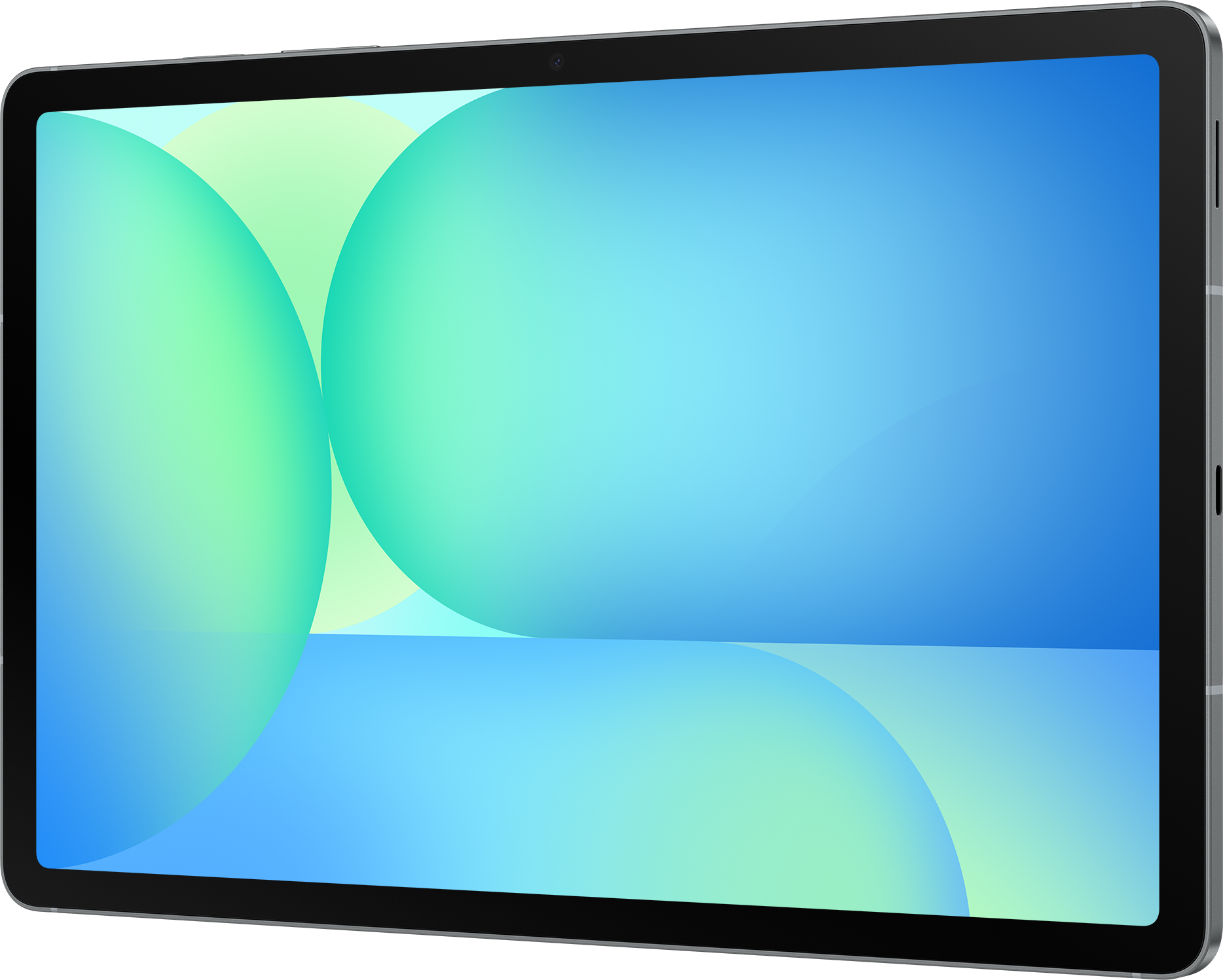 Une tablette avec un écran affichant un dégradé bleu et vert. Elle est sur une surface noire.