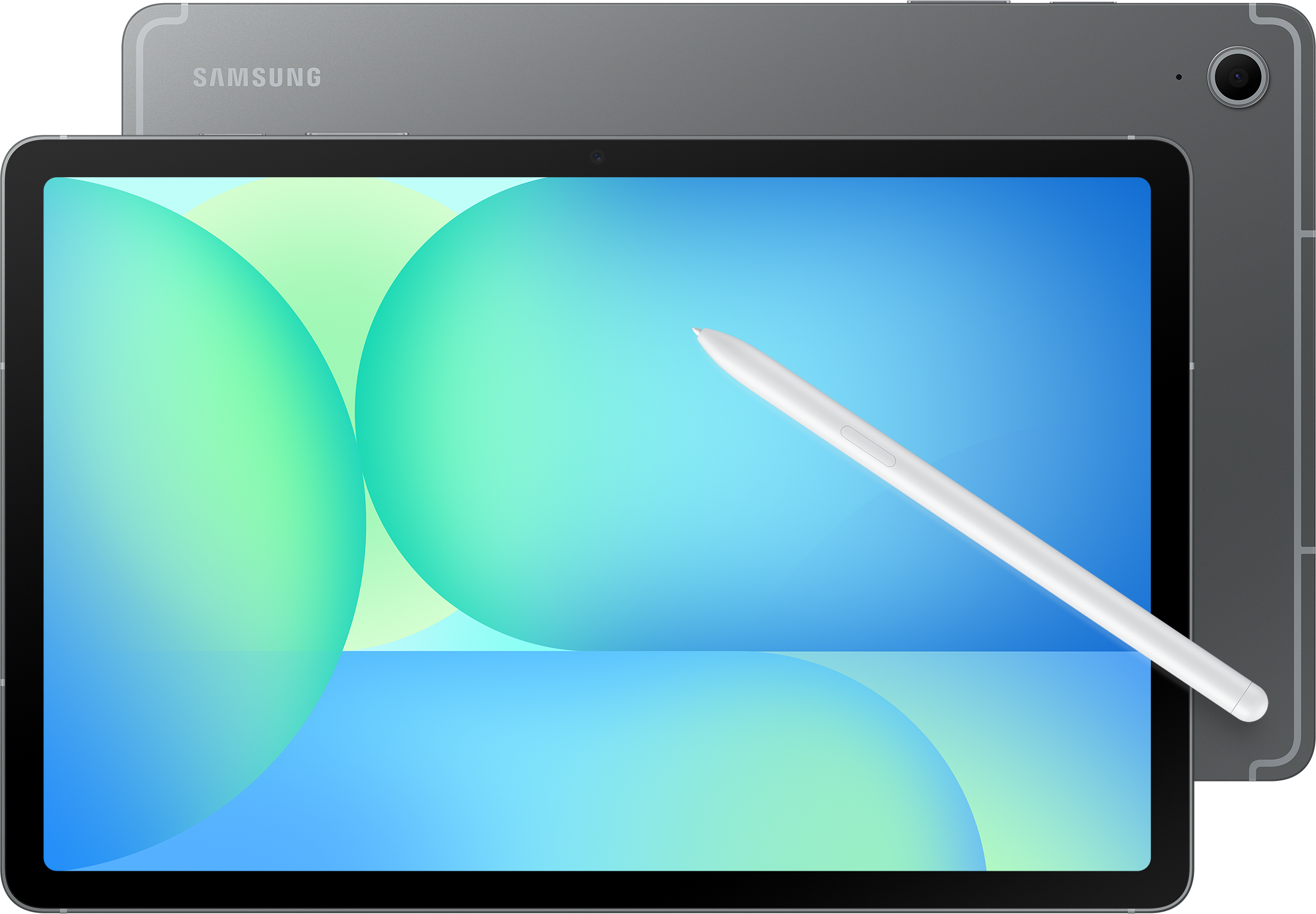 Tablette avec un stylet. Vue arrière et avant. Dégradé bleu et vert.