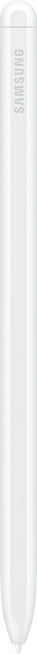 Un stylet Samsung blanc, forme cylindrique, avec le logo Samsung imprimé sur le côté.