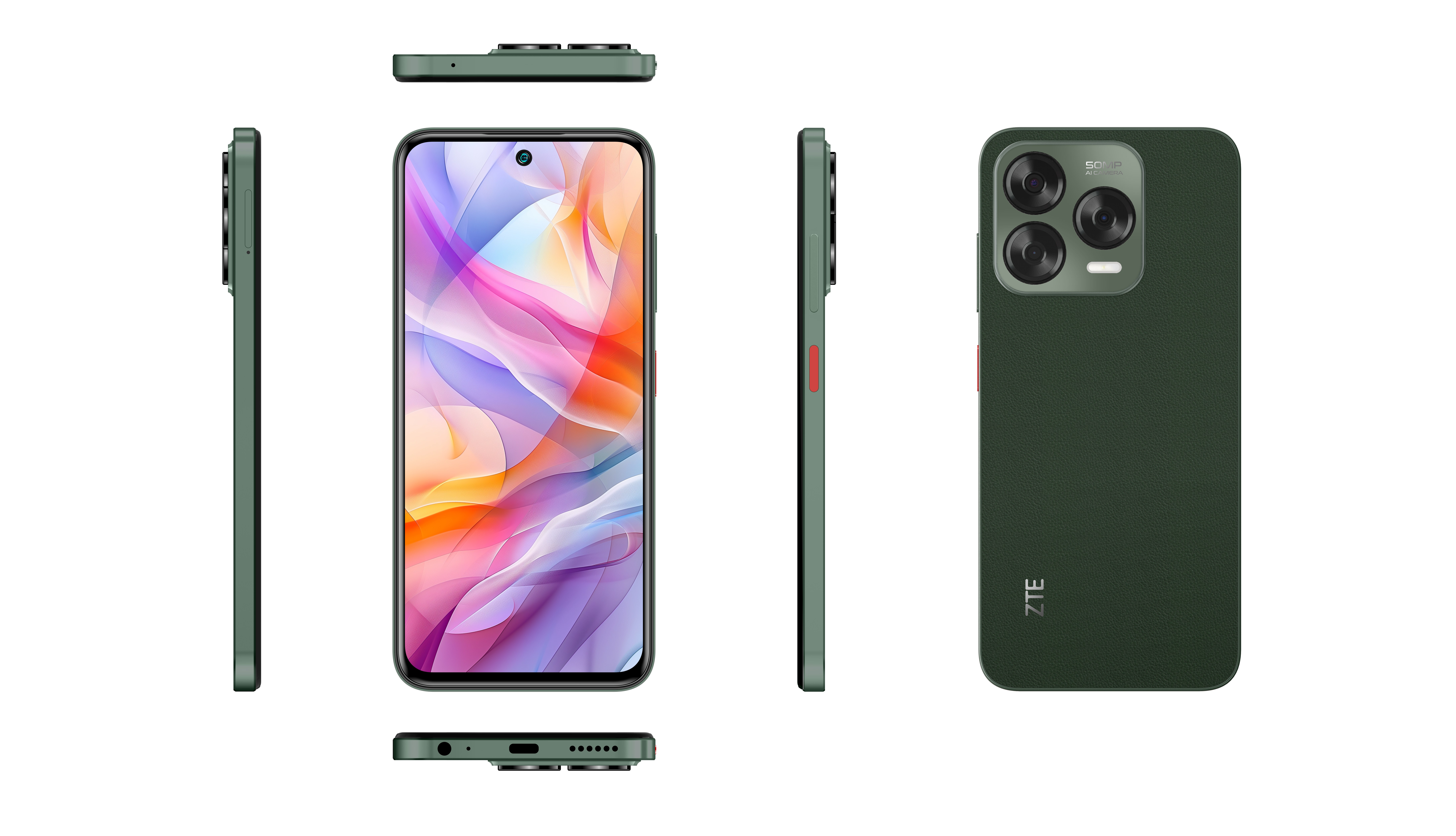 ZTE-Telefon in verschiedenen Winkeln. Grüner Körper, Kameras auf der Rückseite, bunter Bildschirm.