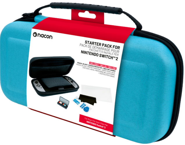 Eine blaue Tragetasche für eine Nintendo Switch. Hat einen Griff und das Nacon-Logo.