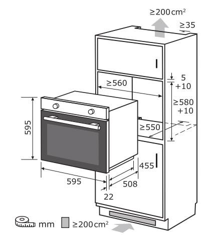 Diagramm eines Einbauofens und eines Schranks mit Abmessungen in mm.