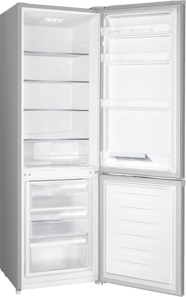 Ein Kühlschrank mit geöffneten Türen, zeigt Regale und Schubladen.