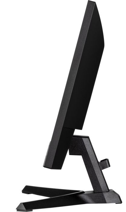 Czarny monitor komputera z boku, ze stojakiem i białym tłem.