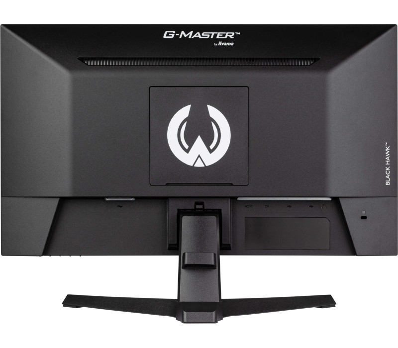 Tył czarnego monitora komputera z logo marki i widocznymi portami.