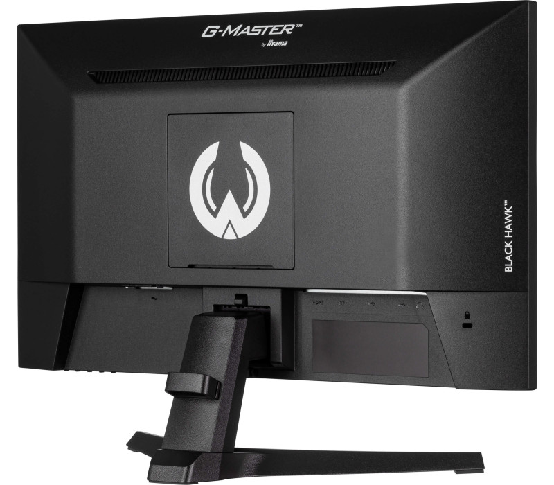 Widok z tyłu czarnego monitora komputera. Logo i porty są widoczne. Napis Black Hawk.