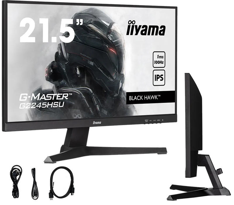 Czarny monitor komputera wyświetla tekst i obrazy. Akcesoria, w tym kable, są w pobliżu.