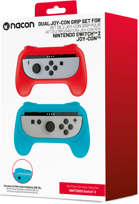 Nacon Dual Joy-Con Grip Set Box. Rote und blaue Controller werden gezeigt.