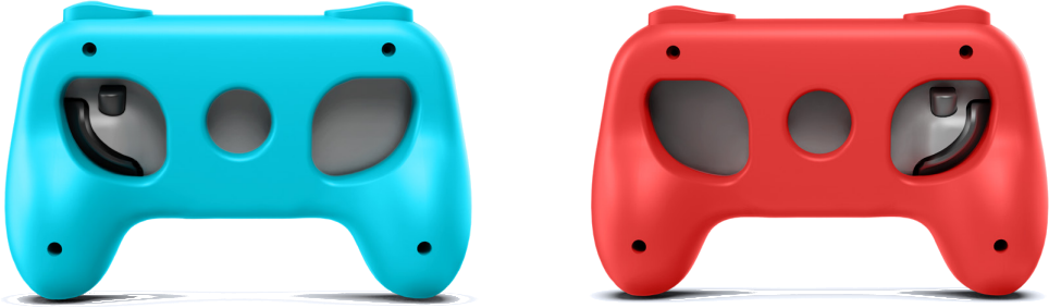 Zwei Gamecontroller, einer blau, einer rot, nebeneinander, mit sichtbaren Knöpfen.