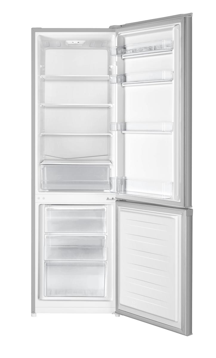 Ein offener Kühlschrank mit Regalen, Schubladen und Türfächern. Das Innere ist weiß.