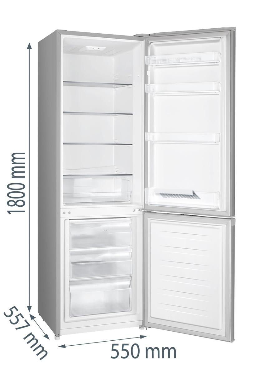 Silberner Kühlschrank mit geöffneten Türen, Innenraum sichtbar mit Maßen.