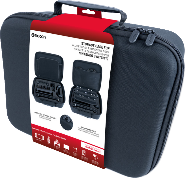 Eine schwarze Aufbewahrungstasche für eine Nintendo Switch. Die Tasche ist geöffnet und zeigt Zubehör.