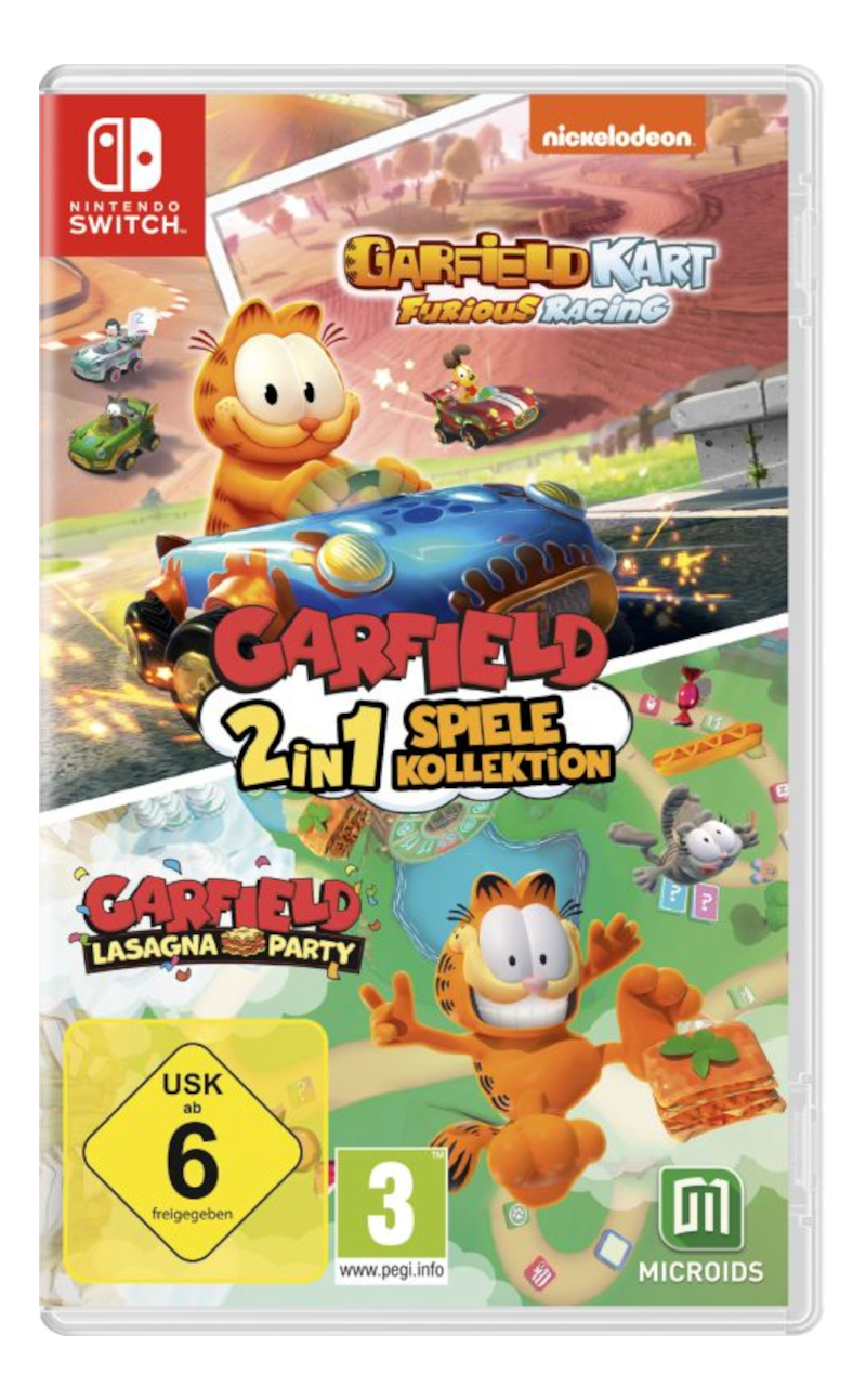 Spielbox für Nintendo Switch: Garfield Kart und Garfield Lasagna Party. Cartoon-Bilder von Garfield sind sichtbar.