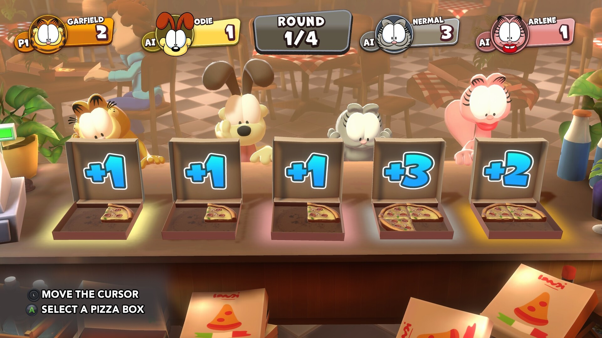 Garfield-Charaktere spielen ein Pizza-Spiel. Jeder Charakter hat eine Pizzaschachtel mit einem Stück.