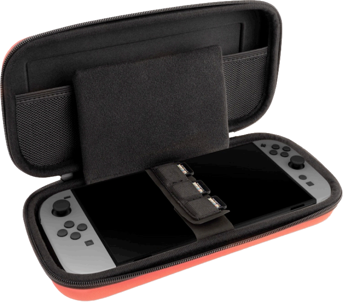 Offener roter Koffer mit Nintendo Switch. Switch ist schwarz, Controller grau.