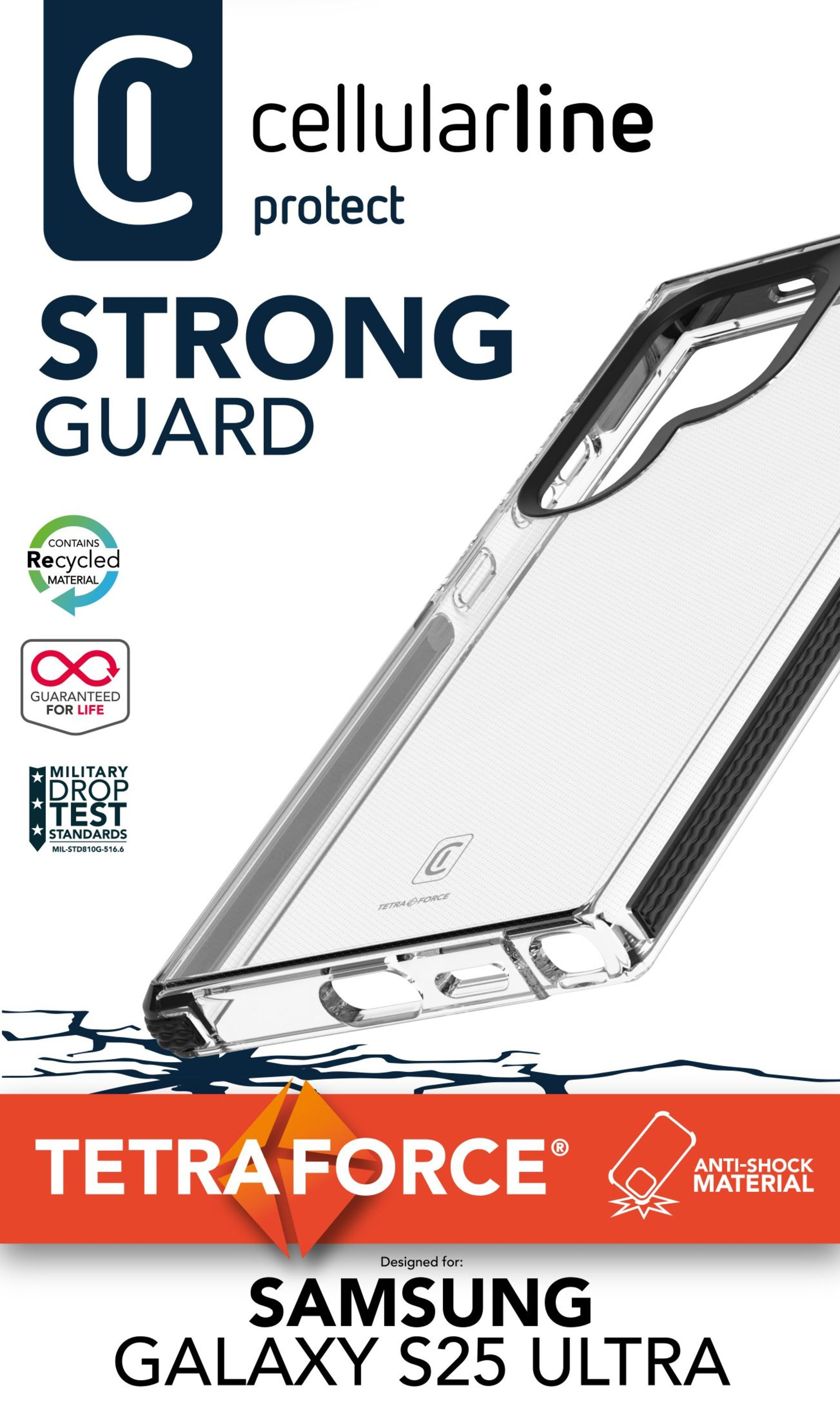Samsung Galaxy S25 Ultra için Cellularline telefon kılıfı. Özellikler: güçlü koruma, geri dönüştürülmüş malzeme ve askeri düşme testi standartları.