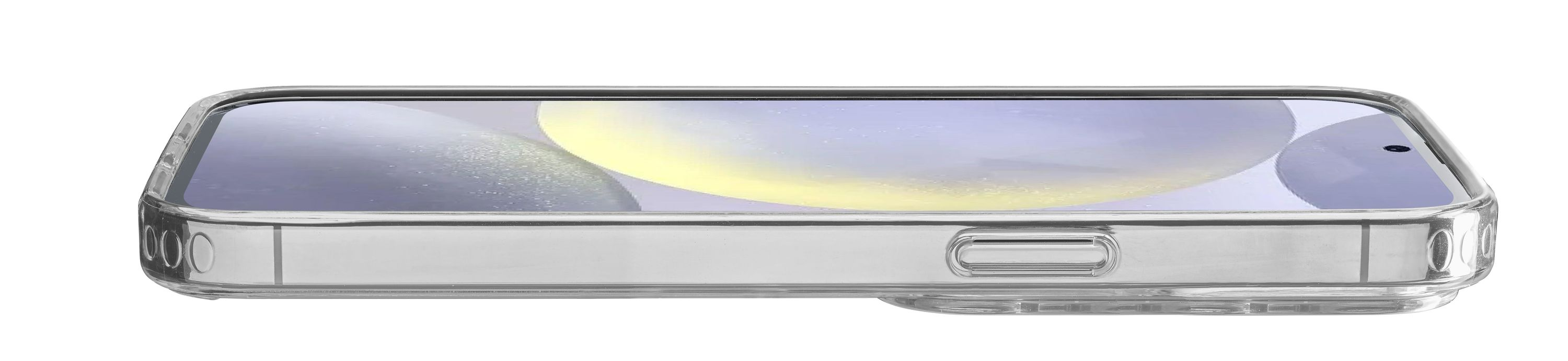Şeffaf bir telefon kılıfı gösteriliyor. Telefon ekranı soyut şekiller gösteriyor. Kılıfın kesikleri var.