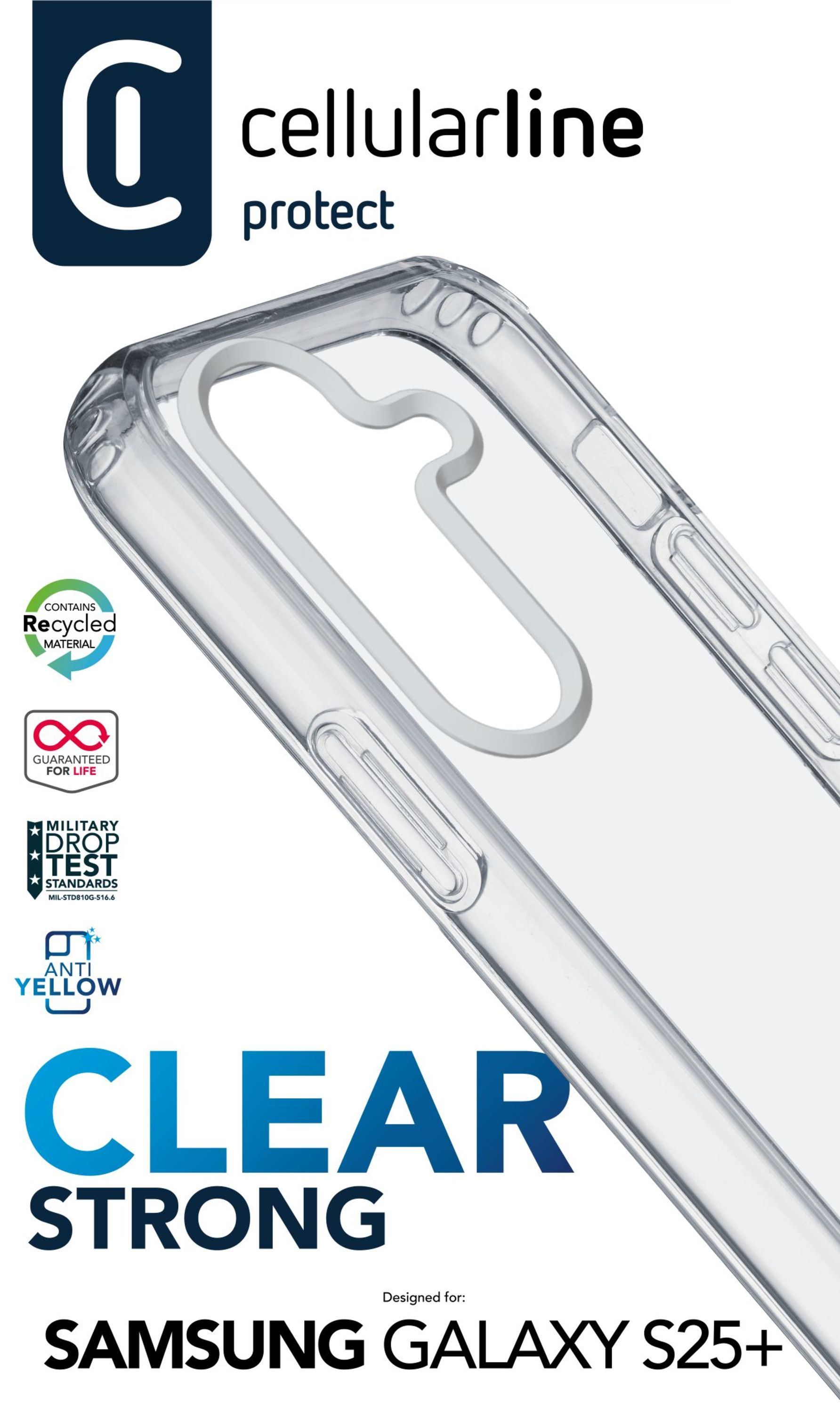 'Cellularline' ve 'protect' yazılı şeffaf telefon kılıfı. Geri dönüştürülmüş malzeme, düşme testi ve 'clear strong' hakkında logolar ve metinler içerir.
