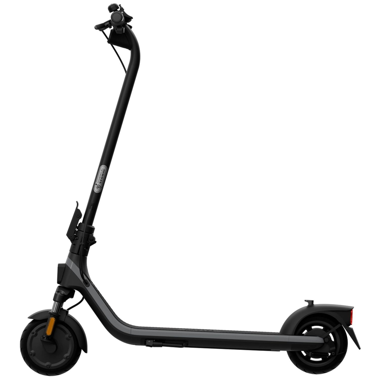 Black Segway Ninebot e-scooter, side view. It has a stem, and a single front wheel.