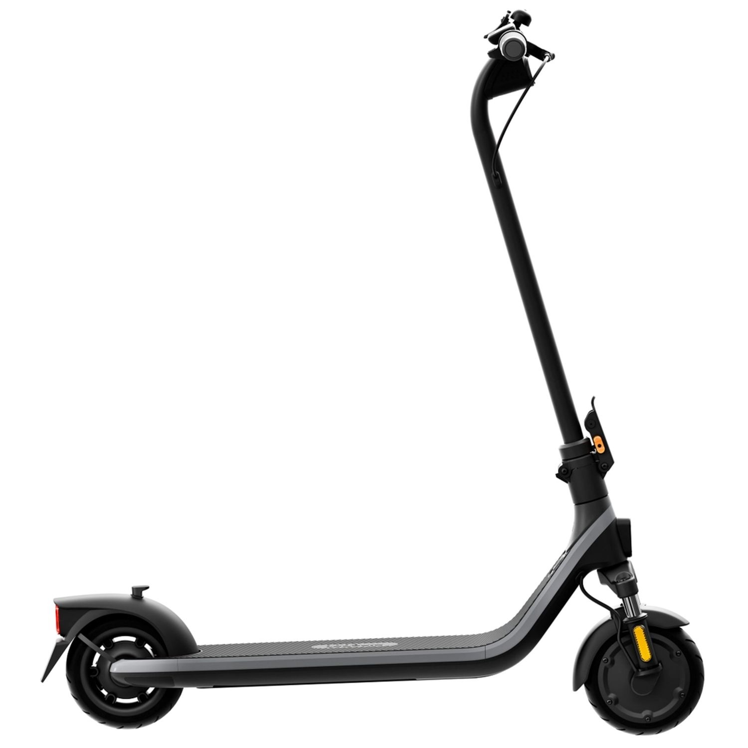 A black and gray electric scooter on a white background, side view.