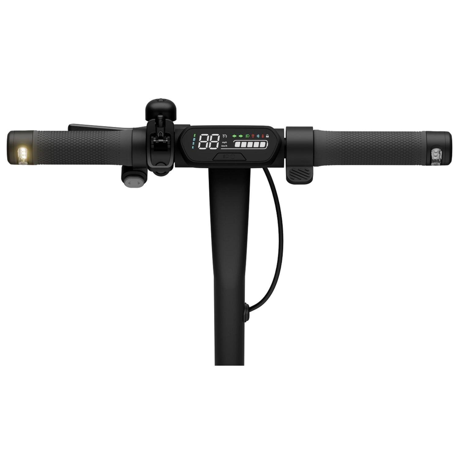 Handlebars of a black electric scooter. Displays include speed and battery level.