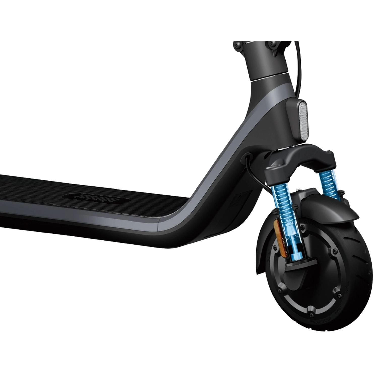 Scooter front with tire, suspension, and lights. Black and gray.