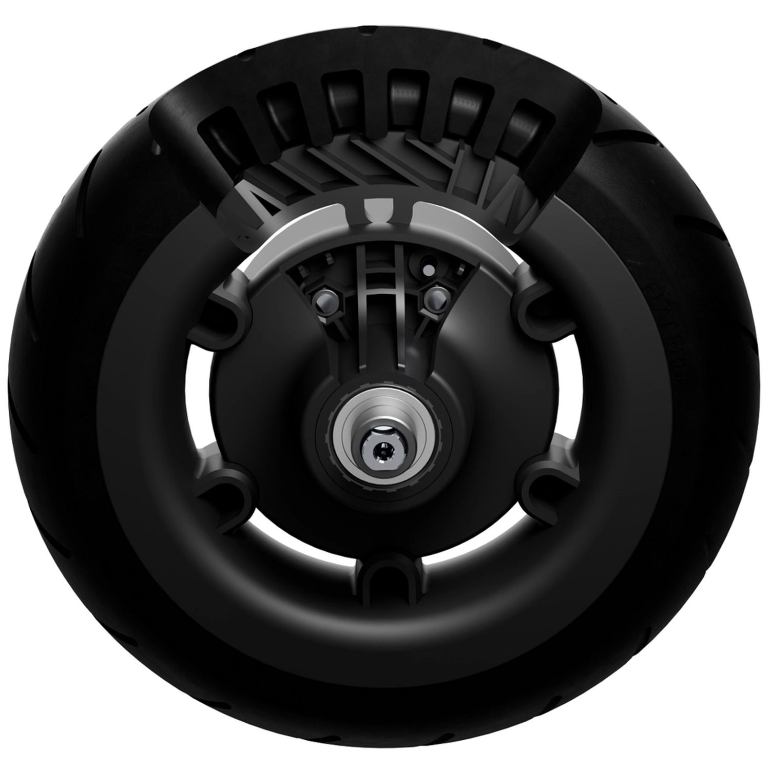 Close-up of a scooter wheel revealing its internal mechanism and black tire.