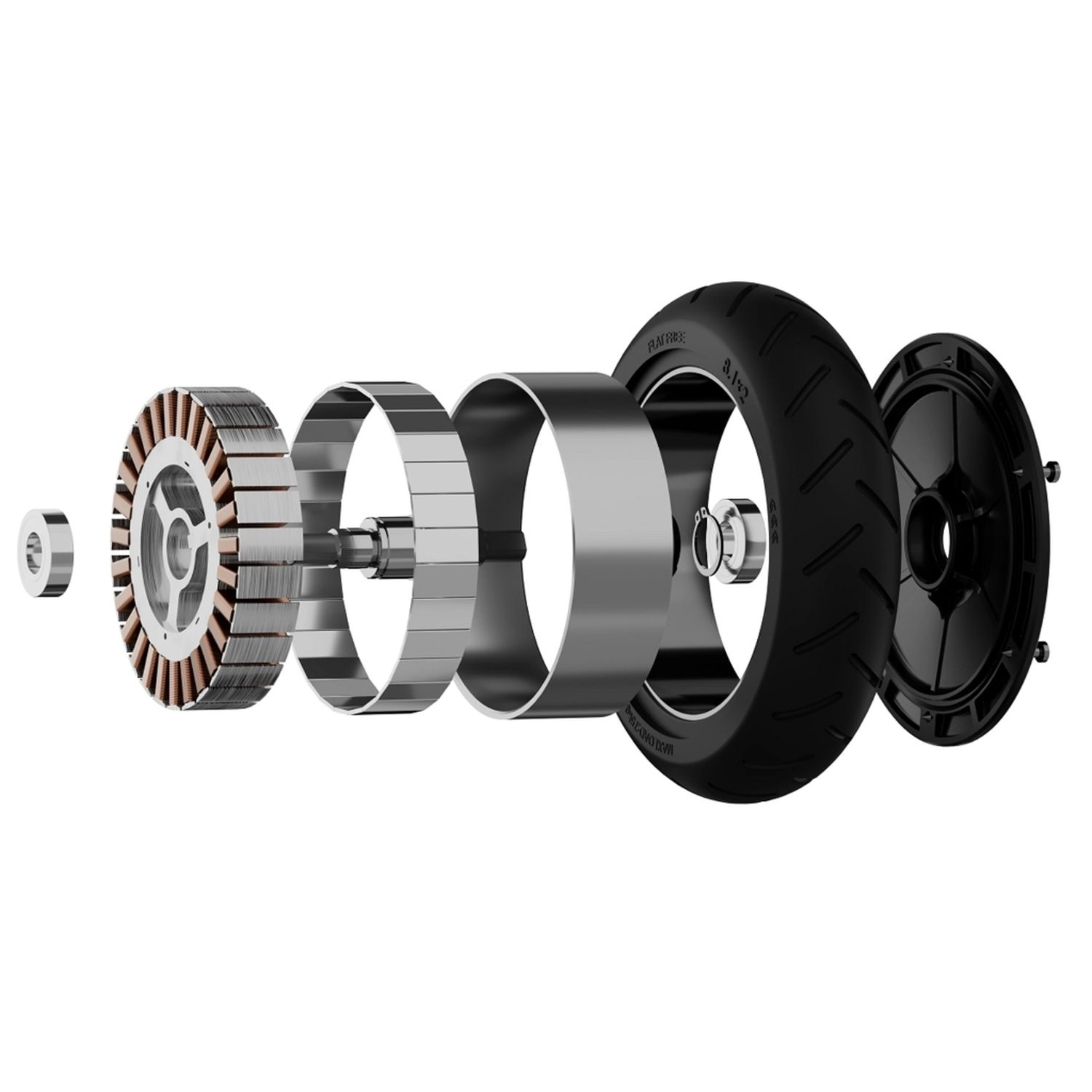 Scooter components exploded view: wheel, motor, rings, and more.