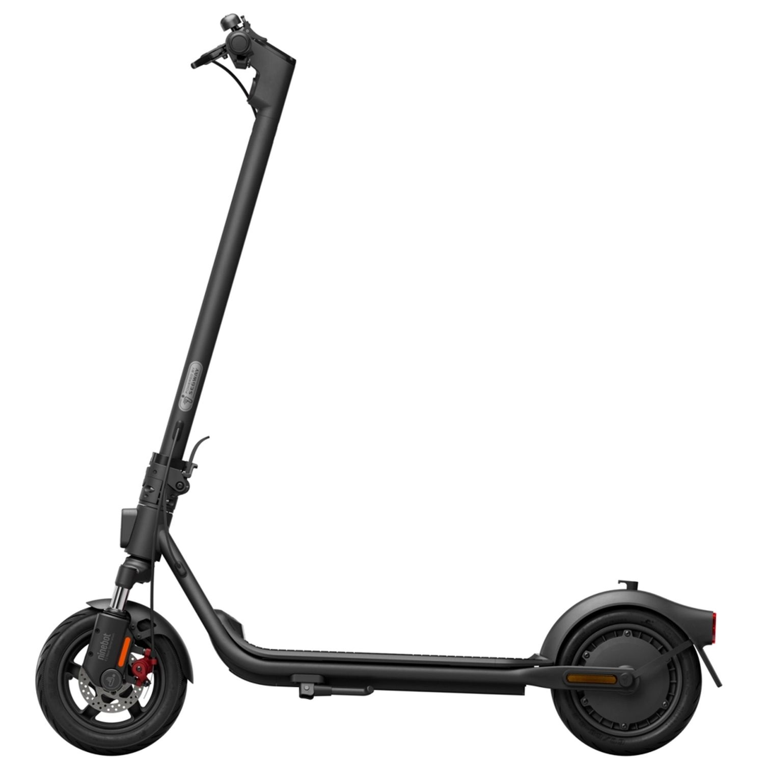 Black Ninebot electric scooter, side view, with a white background.