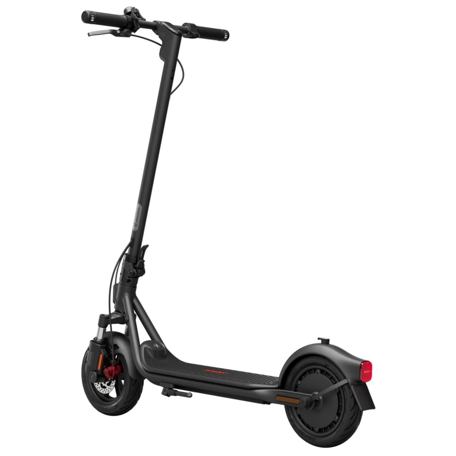 Black electric scooter, with a red brake detail and a black background.