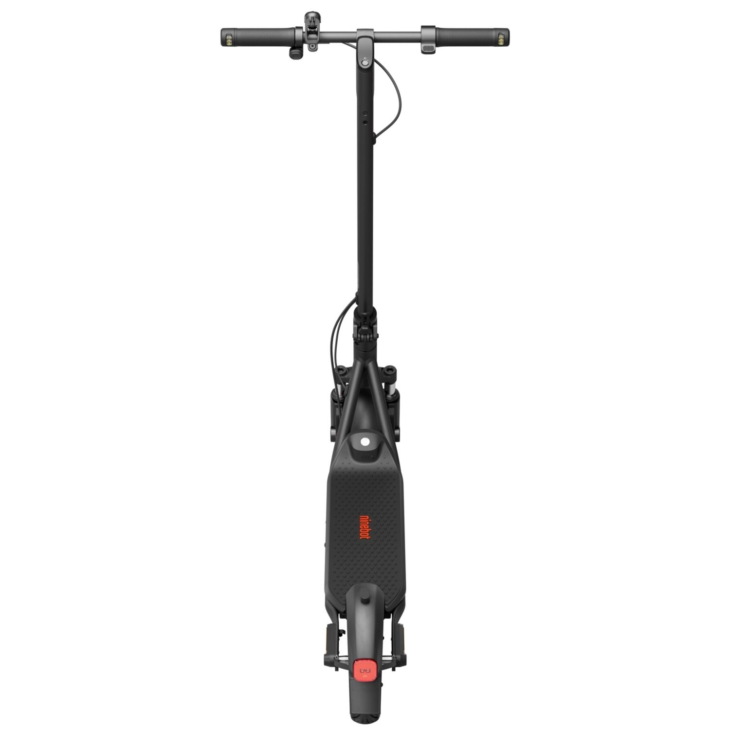 A black electric scooter seen from above.