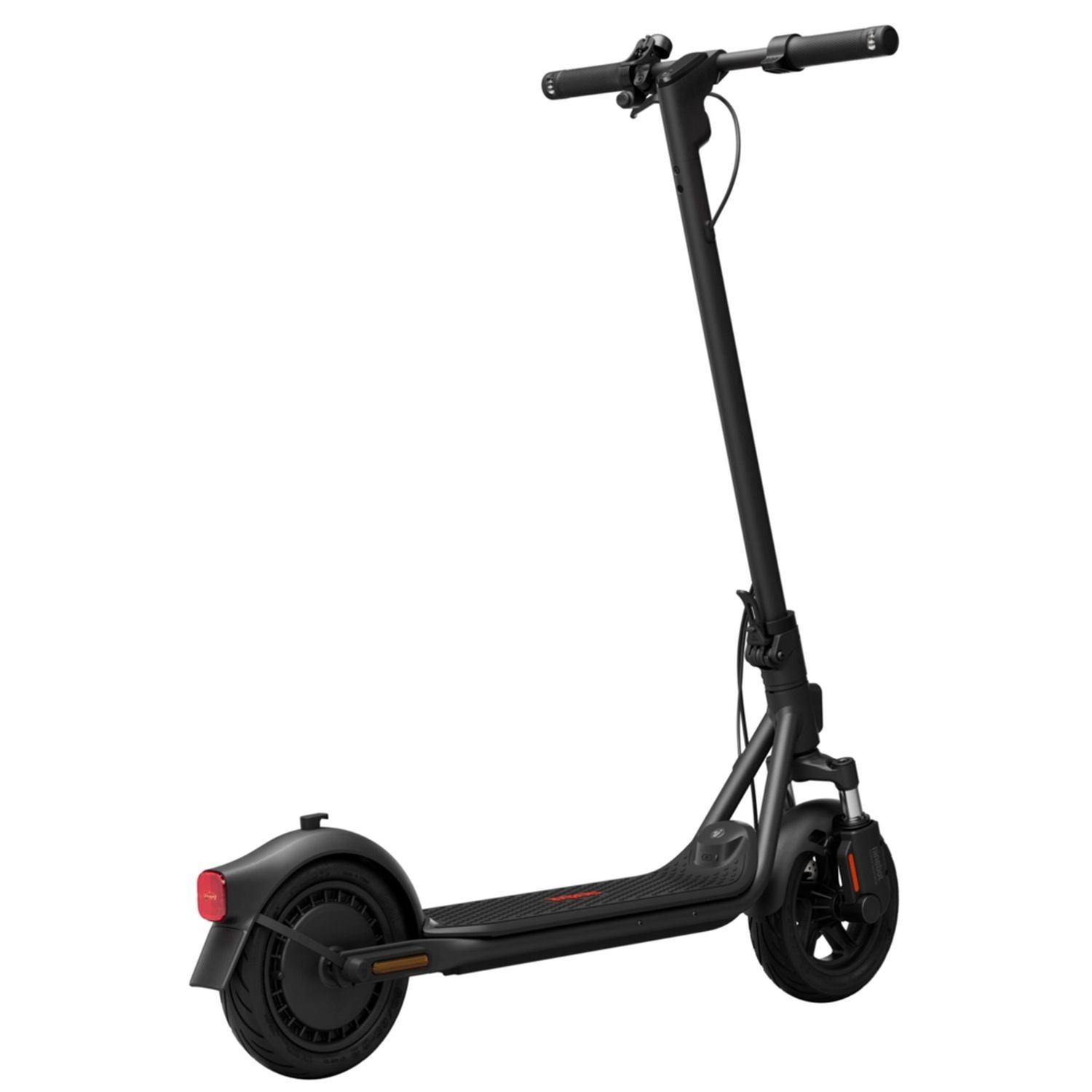 A black electric scooter. It has a front light, a rear light, and a red warning light.