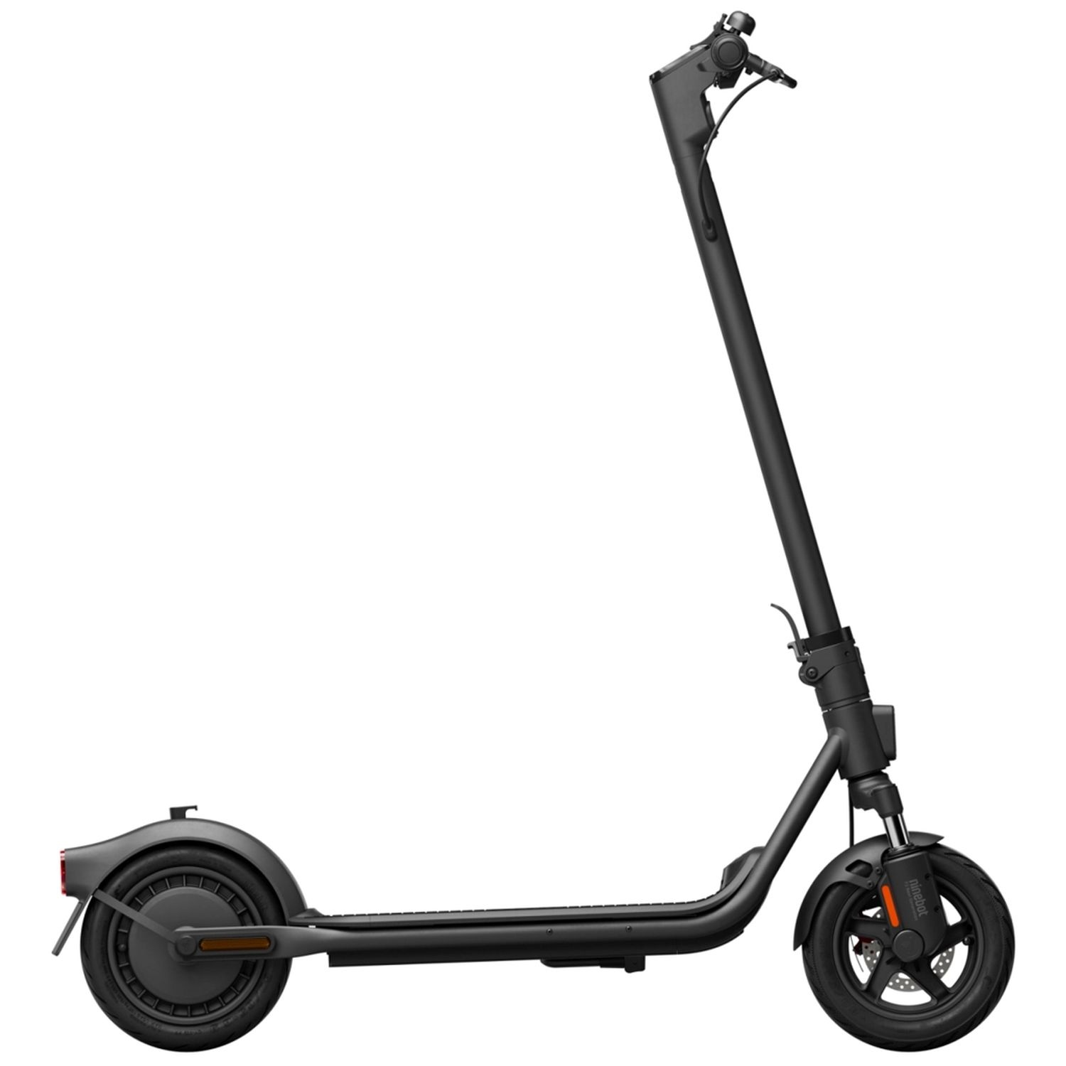 Black Ninebot electric scooter. It has a front wheel, handle, and kickstand on a white background.