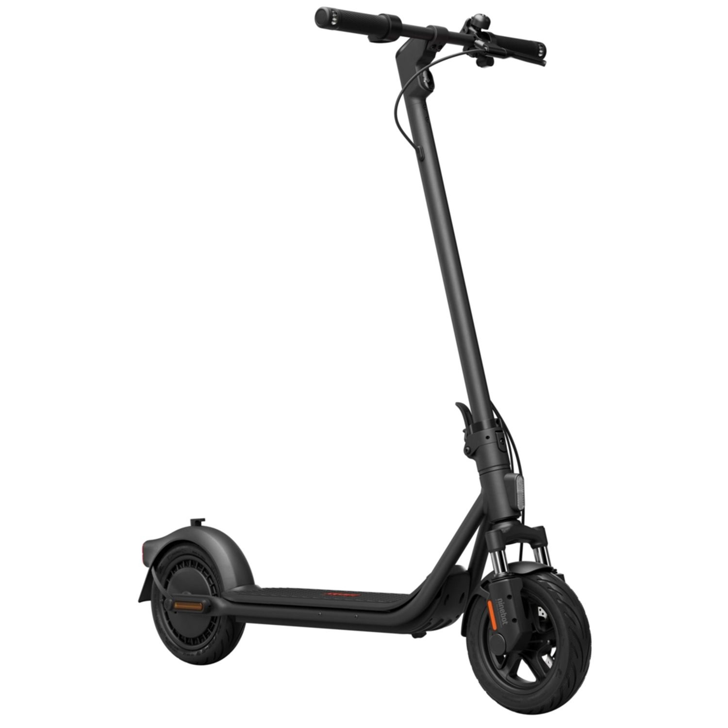 A black electric scooter on a white background. It has handlebars, a stem, a deck, and two wheels.