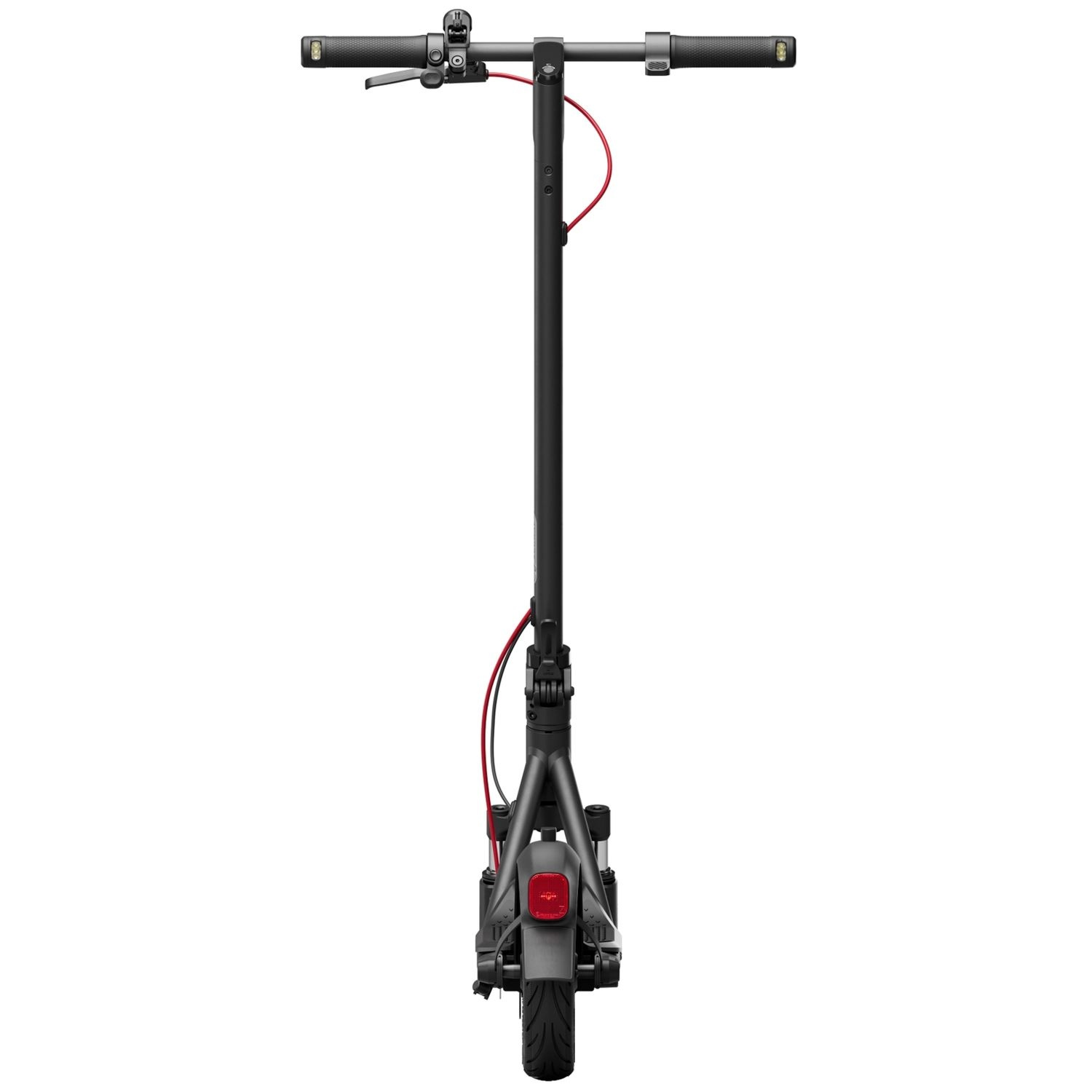 Black Ninebot electric scooter, front view, with a white background.
