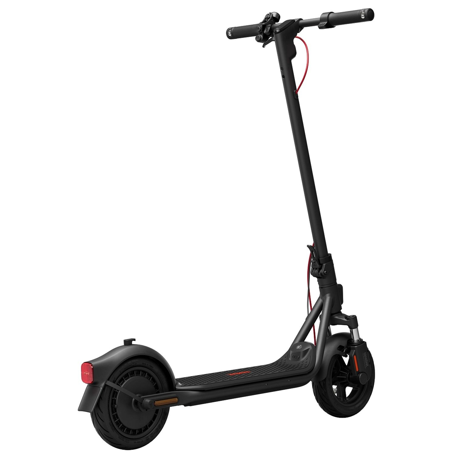 Black electric scooter with red accents, on a white background.